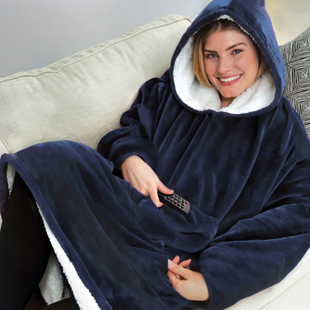 Двухсторонняя толстовка-плед Huggle Hoodie Blanket с капюшоном ∙ Синяя 52532 фото
