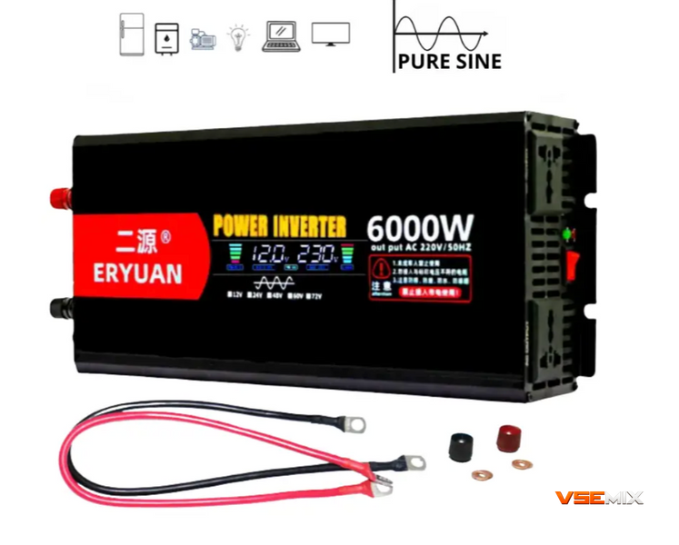 Преобразователь напряжения Eryone 12V &rarr; 220V 6000W чистая синусоида с LCD ∙ Инвертор для дома, авто и резервного питания 57269 фото