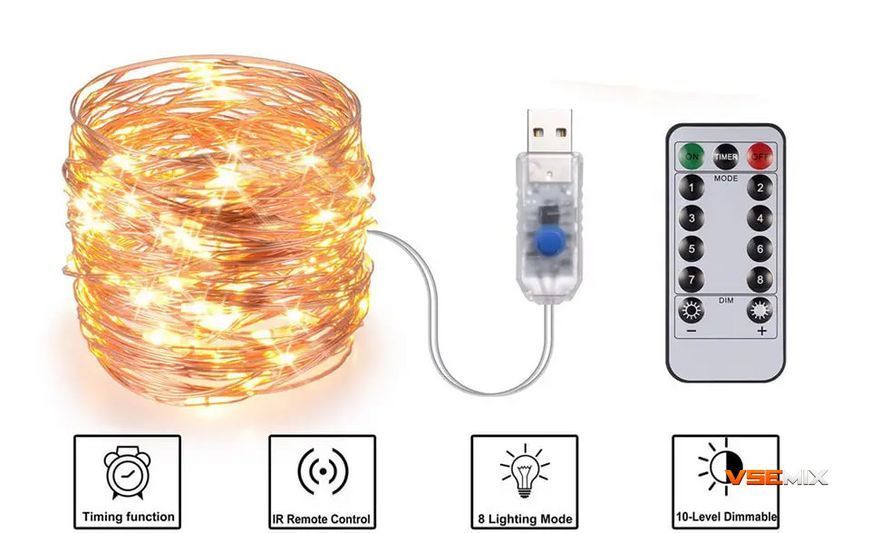 Светодиодная гирлянда Роса USB 2 метра с пультом дистанционного управления ∙ Гирлянда медная проволока 200LED 2M USB XL-76-20 56597 фото