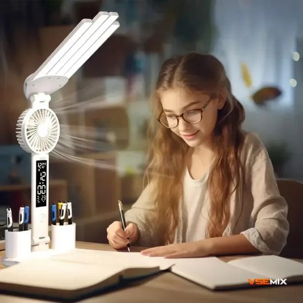 Настільна LED-лампа KRX-1011 з вентилятором, годинником і підставкою &bull; Акумуляторний світильник із дисплеєм, сенсорним керуванням і 3 режимами світла для роботи, навчання та дому 57699 фото