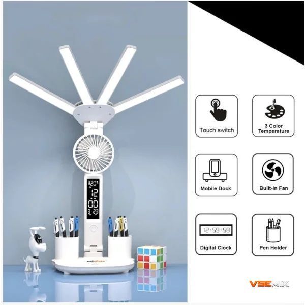 Настільна LED-лампа KRX-1011 з вентилятором, годинником і підставкою &bull; Акумуляторний світильник із дисплеєм, сенсорним керуванням і 3 режимами світла для роботи, навчання та дому 57699 фото
