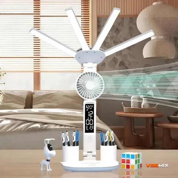 Настільна LED-лампа KRX-1011 з вентилятором, годинником і підставкою &bull; Акумуляторний світильник із дисплеєм, сенсорним керуванням і 3 режимами світла для роботи, навчання та дому 57699 фото