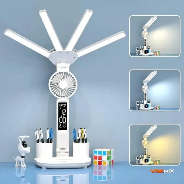 Настільна LED-лампа KRX-1011 з вентилятором, годинником і підставкою &bull; Акумуляторний світильник із дисплеєм, сенсорним керуванням і 3 режимами світла для роботи, навчання та дому 57699 фото