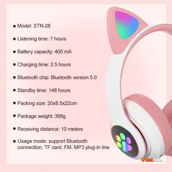 Детские беспроводные Bluetooth наушники Cat 28 с LED кошачьими ушками | Наушники с подсветкой 51726 фото